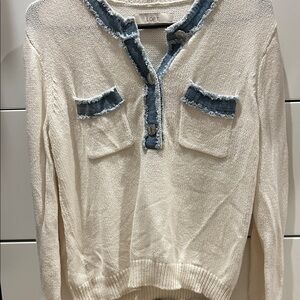 LOFT Cream Knit Sweater with Blue Denim Trim